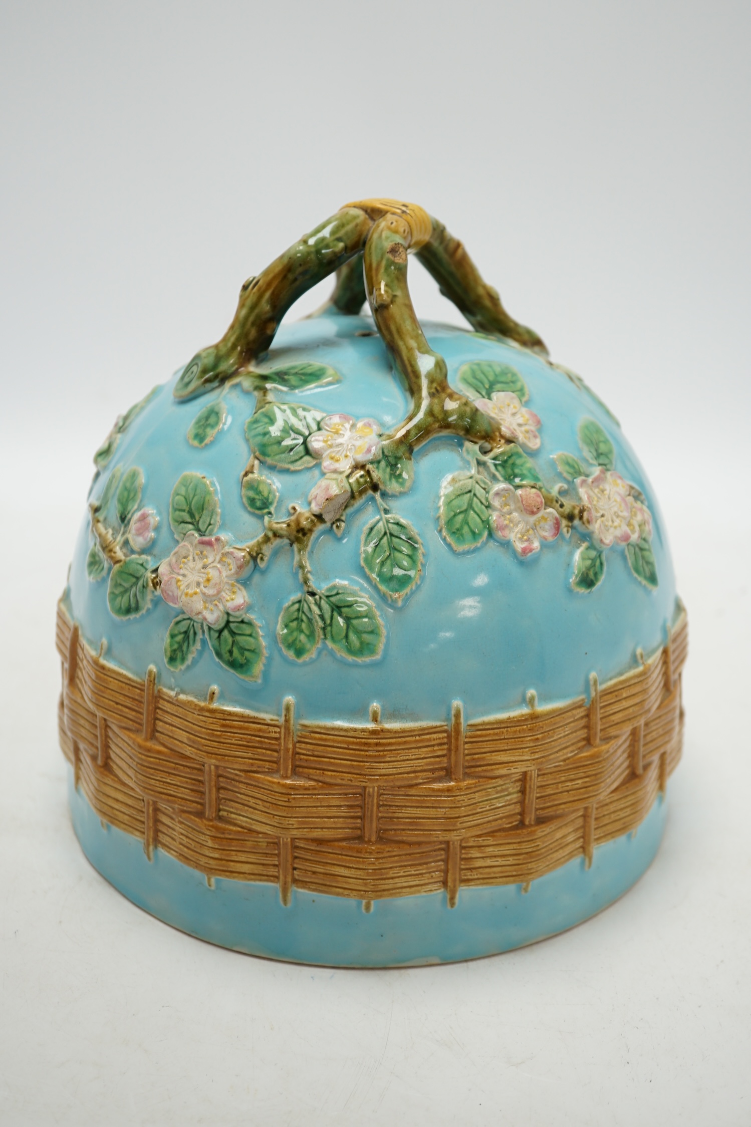 A Minton majolica cheese dome, and a large majolica pedestal tureen, 42cm wide. Condition - fair